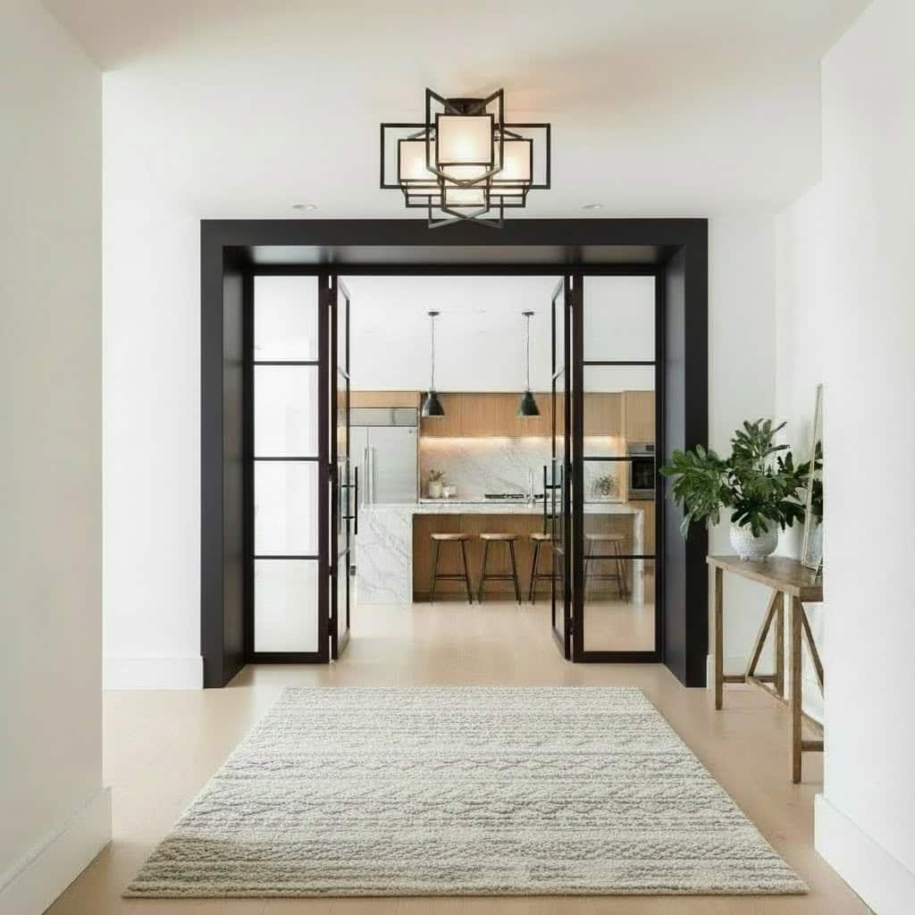 Bright modern white hallway with a chocolate painted frame, sculptural light and glass doors opening into a kitchen with contemporary design. Dark frame adds drama to the all white walls.