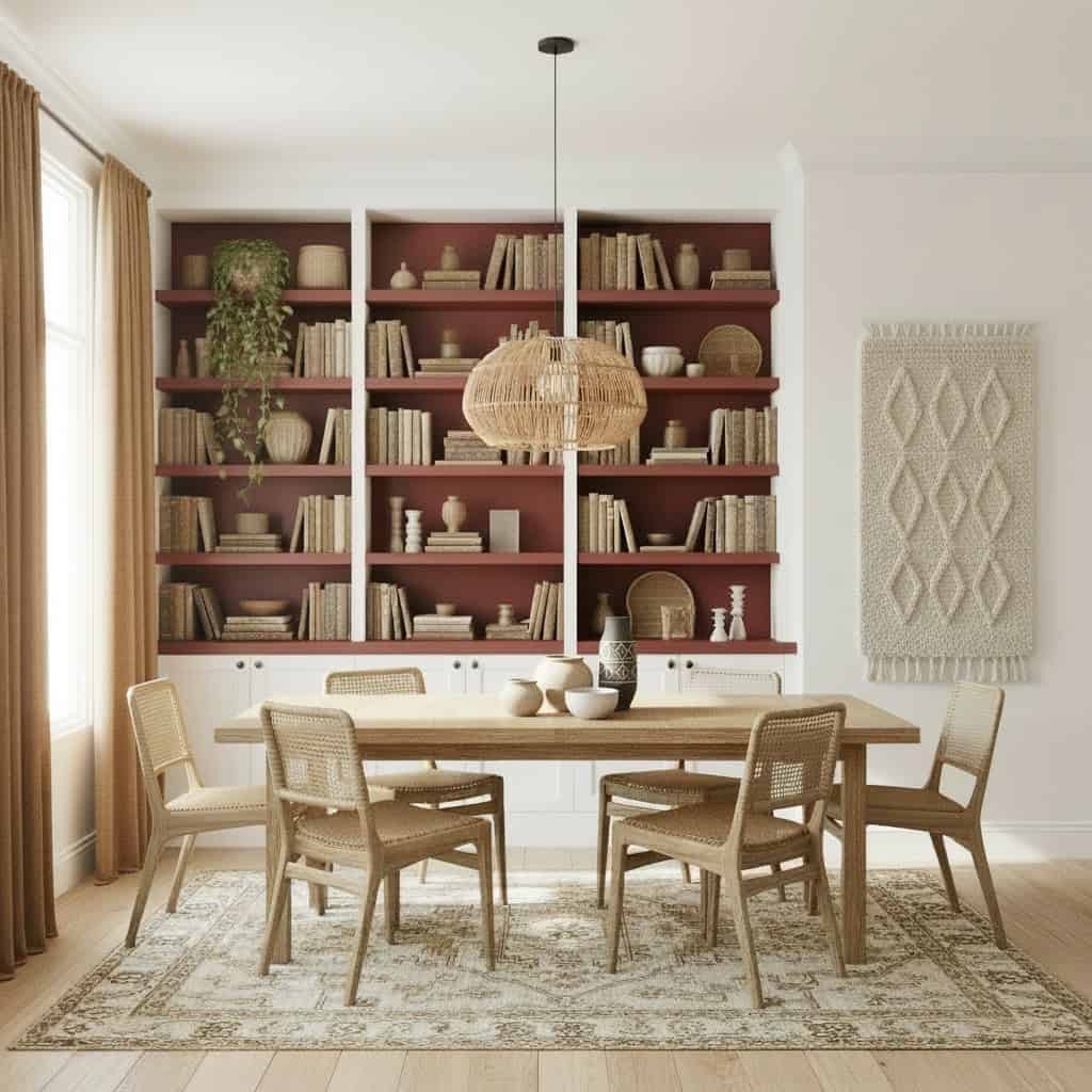 Elegant dining area featuring a large wooden table and six woven chairs, surrounded by white walls and a bookcase. Painted bookshelves become the room's feature.