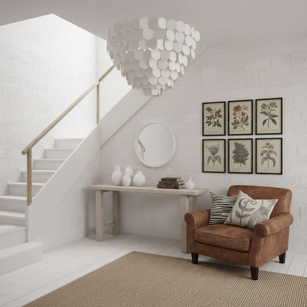 Charming cozy entryway with elegant white decor, botanical artwork and large sculptural lighting. Use texture to create drama.