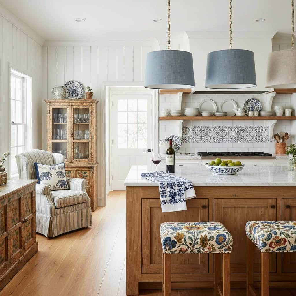 Bright white farmhouse kitchen with rustic wood accents, patterned textiles and painted furniture.