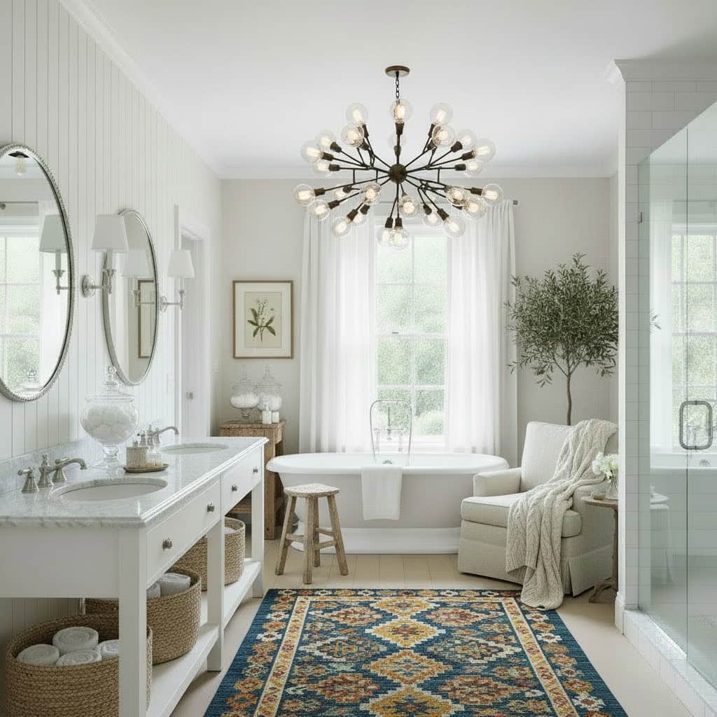 Bathroom with white walls, balanced with a textured rug, large ceiling light, indoor plants and curtains.