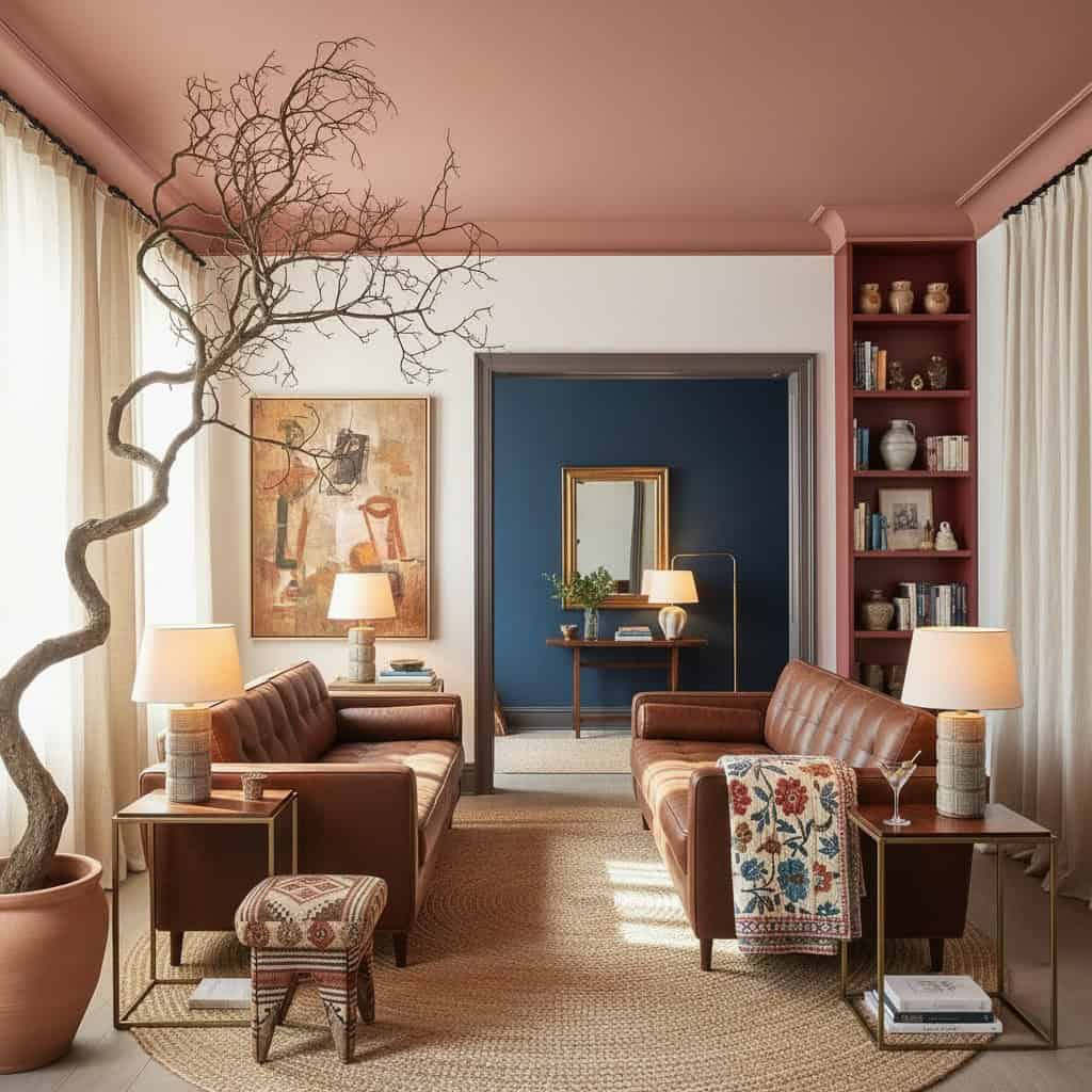 Bright white living room with stylish leather sofas, textured rugs, patterned textiles and painted ceiling.