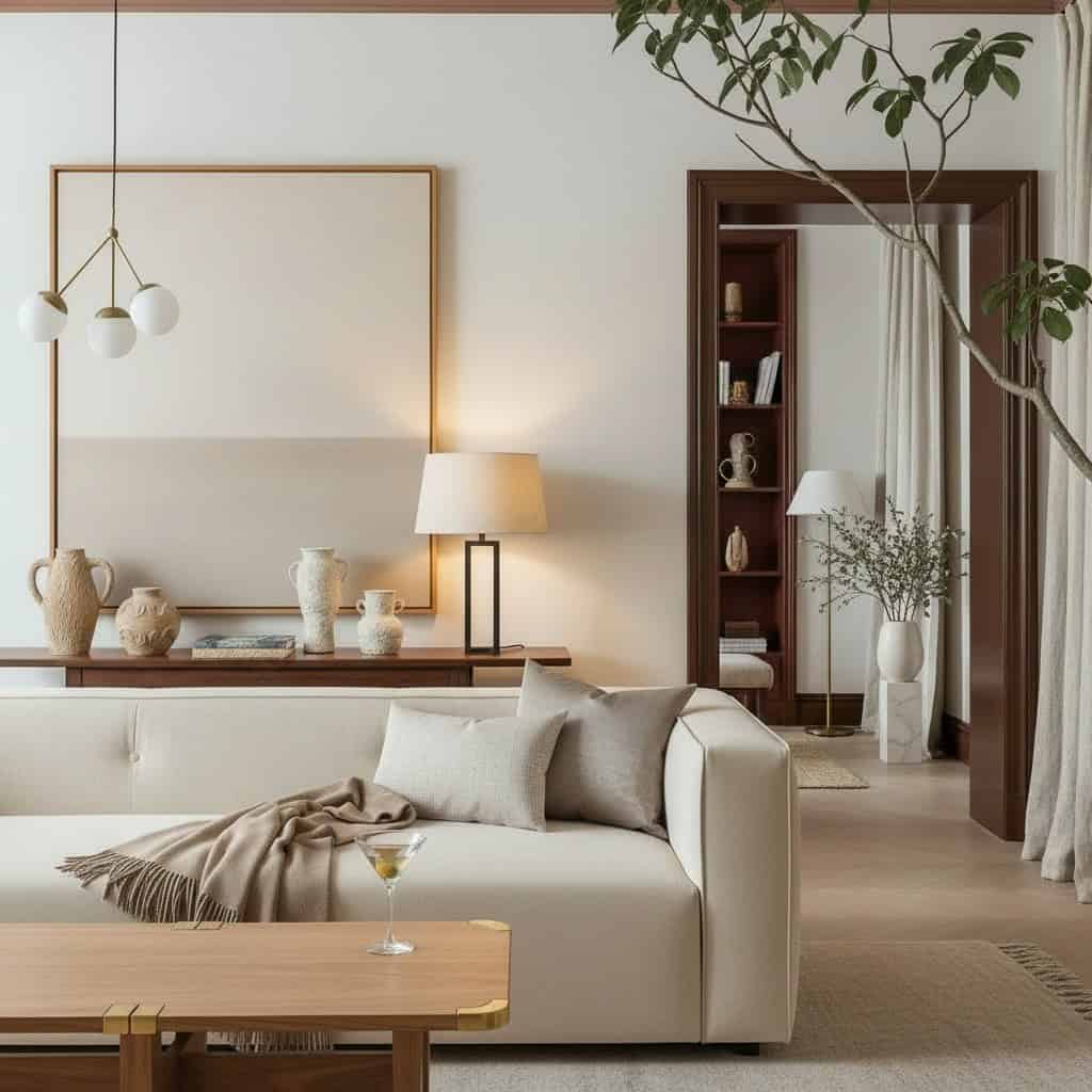 Stylish white living room with beige sofa, modern decor, and cozy ambiance.