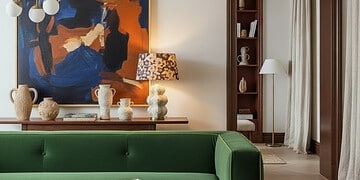 White living room with velvet rug, wall decor and velvet sofa adding depth to white walls.
