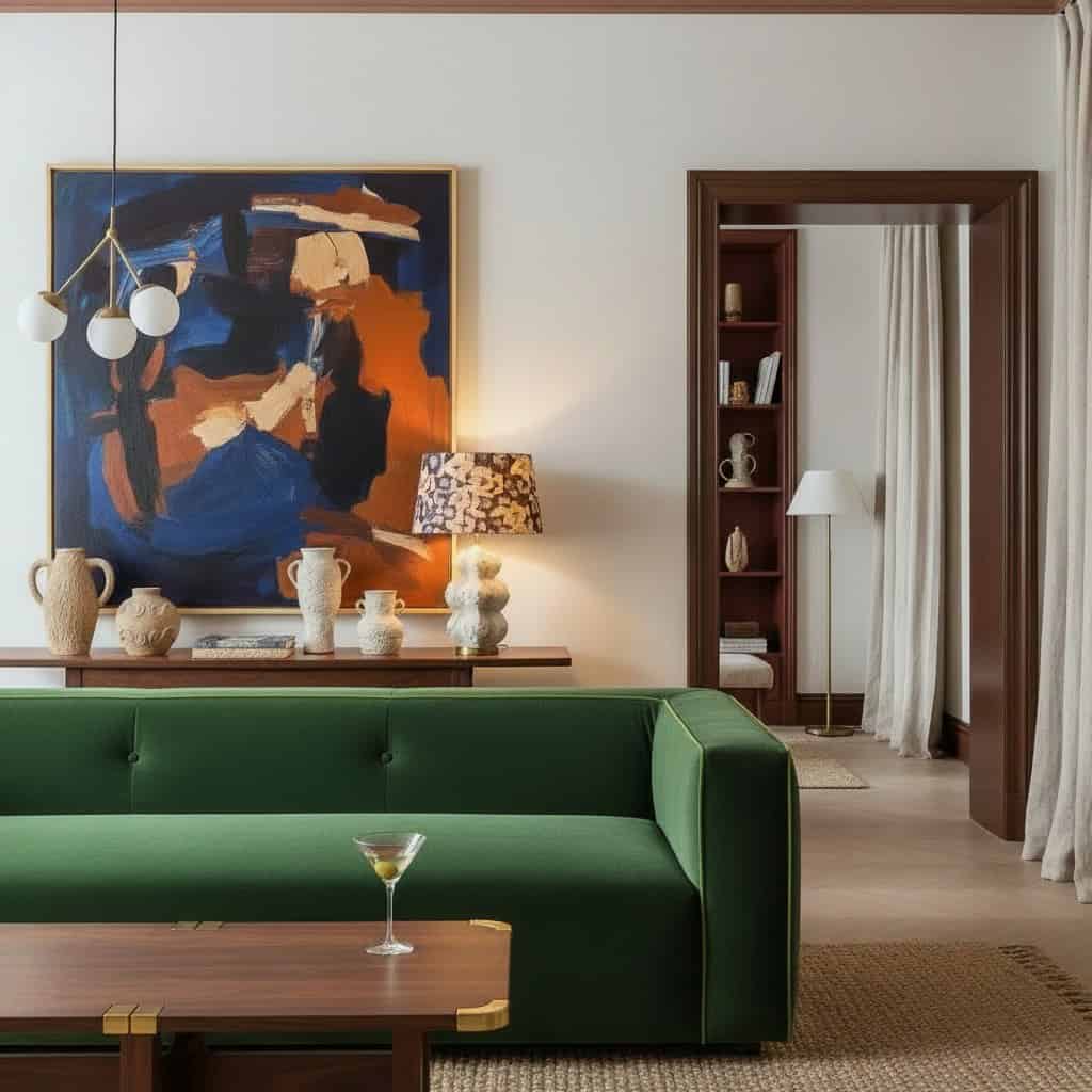 White living room with velvet rug, wall decor and velvet sofa adding depth to white walls.